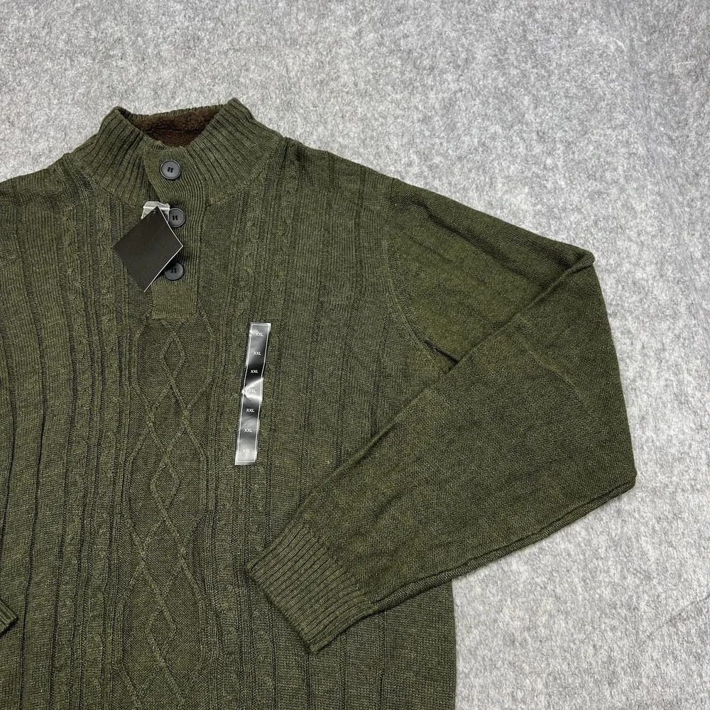 Tricots St Raphael Sweater Mens 2XL Green Cable Knit‎ Mock Neck Button Pullover